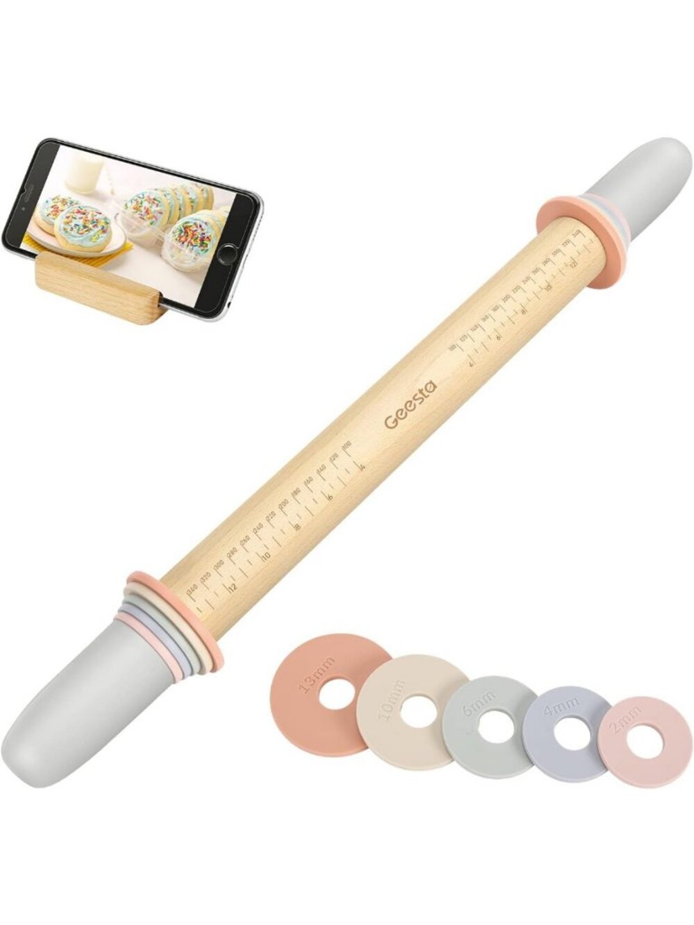 Adjustable Wood Rolling Pin with 5 Thickness Rings for Baking, Pizza, Cookies